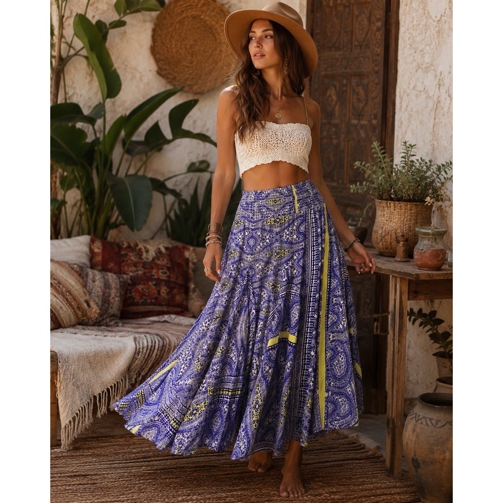 Chelsea & Theodore 1X Paisley Boho Peasant Maxi Crinkle‎ Skirt Festival SS08